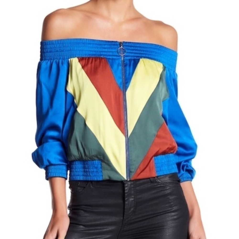 💕BCBGMAXAZRIA💕 Satin Off the Shoulder Bomber Top